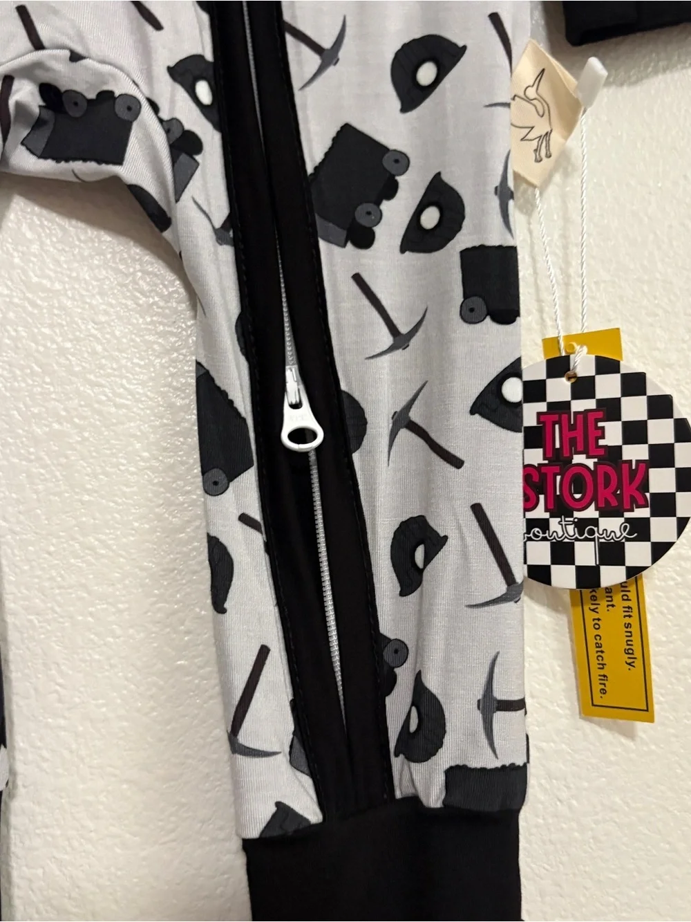 The Stork 6-12 m Black Bamboo Coal Miner Construction Print One-Piece Pajama